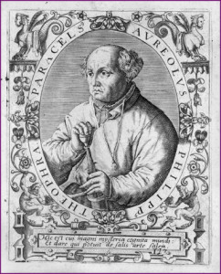 L0014988 Portrait of Paracelsus. Credit: Wellcome Library, London. Wellcome Images images@wellcome.ac.uk http://wellcomeimages.org Portrait of Paracelsus, half-length holding sword, in oval, with grotesque surround. For J.J. Boissard, Icones et effigies, 1645. Engraving Published:  -  Copyrighted work available under Creative Commons Attribution only licence CC BY 4.0 http://creativecommons.org/licenses/by/4.0/